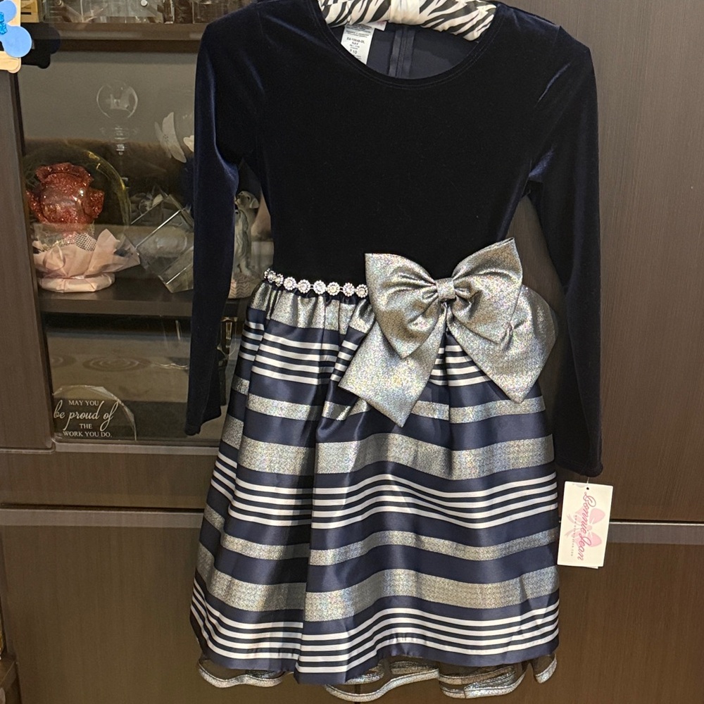 Bonnie Jean Navy and Silver Striped Formal Dress